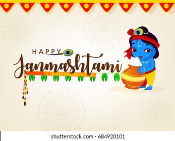 Creative text of Happy Janmashtami with Cute Krishna on decorative background on the occasion of Krishna Janmashtami.