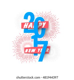 Creative Text Happy New Year 2017, Stylish lettering composition on fireworks explosion or starburst, Can be used as Poster, Banner, Flyer or Greeting Card design, Vector illustration.