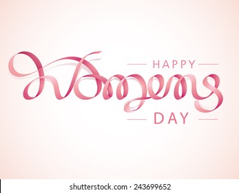 Creative text Happy Women's Day made by glossy ribbon on pink background, can be used as poster or banner design.