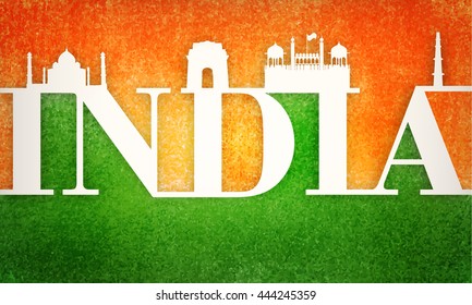 Creative Text India with Famous Monuments on saffron and green colour abstract background. Poster, Banner or Flyer for Indian Independence Day and Republic Day celebration.