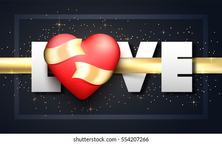 Creative Text Love with Glossy Heart and Golden Ribbon. Beautiful Greeting Card for Happy Valentine's Day celebration.