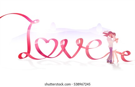 Creative Text Love made by glossy ribbon with illustration of dancing couple for Happy Valentine's Day celebration.