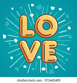 Creative text Love on hearts decorated background for Happy Valentine's Day celebration.