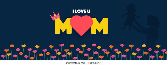 Creative text Mom with silhouette of mother holding her child and flowers decorated on blue background for Happy Mother's Day celebration. Header or banner design.