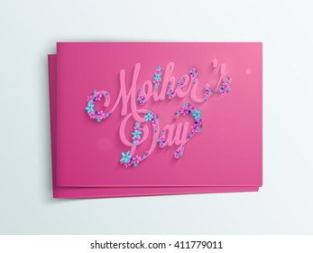 Creative text Mother's Day with beautiful flowers decoration, Glossy pink greeting card design with envelope.