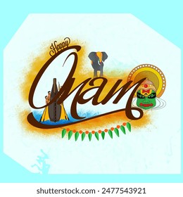 Creative Text Onam with illustration of boat race, elephant and kathakali dancer face on color splash background, Elegant Greeting Card design for South Indian Festival celebration.