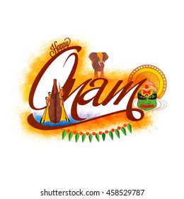 Creative Text Onam with illustration of boat race, elephant and kathakali dancer face on color splash background, Elegant Greeting Card design for South Indian Festival celebration. 