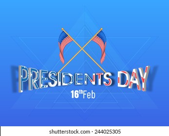 Creative text Presidents Day with American Flags on stylish blue background.