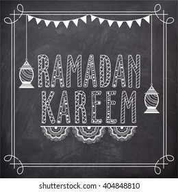 Creative text Ramadan Kareem with hanging lamps on chalkboard background, Can be used as Poster, Banner or Flyer design.