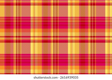 Creative textile background fabric, outfit plaid check texture. National pattern vector tartan seamless in yellow and pink colors palette.