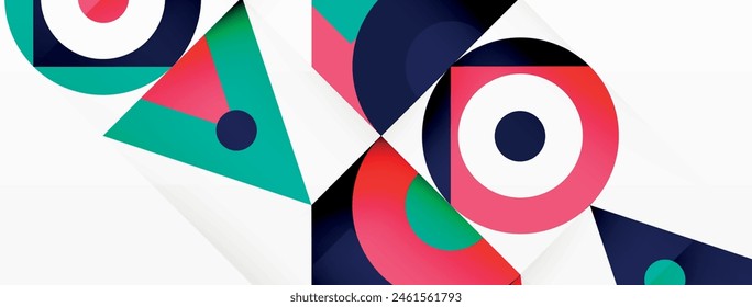 A creative textile design featuring colorful geometric shapes like circles and triangles in magenta and electric blue on a white background, showcasing a vibrant and dynamic pattern