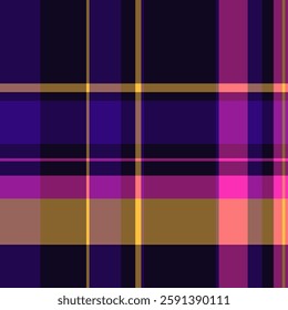 Creative textile plaid fabric, sample vector background seamless. Give check pattern texture tartan in violet and black colors palette.