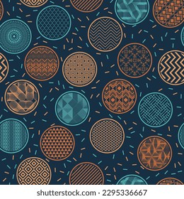 Creative textile print vector endless ornament. Circular shapes with oriental abstractions inside. Arabic motives in bubbles. Dotted texture background. Candy packaging design.