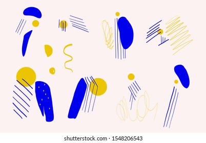 Creative texture with abstract brush strokes, freehand bright colors geometric elements, shapes. Aesthetic contemporary collage. Trendy set design
