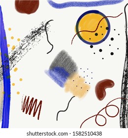 Creative texture with abstract brush strokes, freehand bright colors geometric elements, shapes. Aesthetic contemporary collage. Trendy set design
