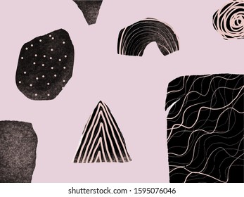 Creative texture with abstract brush strokes, freehand bright colors geometric elements, shapes. Aesthetic contemporary collage. Trendy set design
