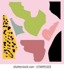 Textura creativa con trazos abstractos de pincel, elementos geométricos de colores brillantes a mano libre, formas. Collage estético contemporáneo. Diseño de conjuntos de moda

