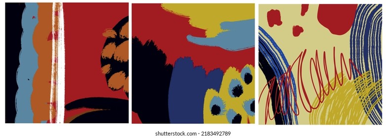 Textura creativa con trazos abstractos de pincel, elementos geométricos de colores brillantes a mano libre, formas. Collage estético contemporáneo. Diseño de conjuntos de moda
