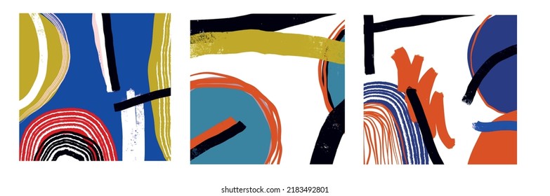 Creative texture with abstract brush strokes, freehand bright colors geometric elements, shapes. Aesthetic contemporary collage. Trendy set design
