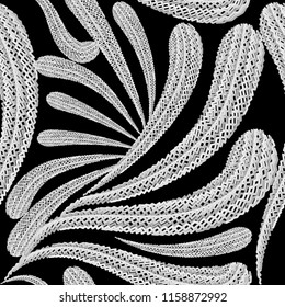 Creative textured abstract Paisley seamless pattern. Floral grunge background. Tapestry doodle paisley flowers with zigzag embroidery lines. Embroidered texture. Black and white monochrome ornaments