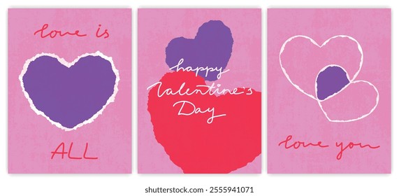 Creative textured Valentine Day cards set with cut and torn paper hearts and hand drawn text. Vector love cover backgrounds, love card templates 