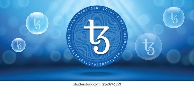 Creative Tezos (XTZ) Crypto Currency Coin With Symbol Of The Virtual Electronic Cash. Vector Illustration Template For Banners, Web Backgrounds And Wallpaper Design. 