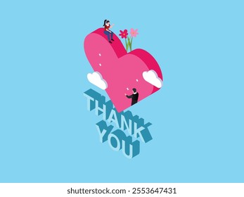 Creative Thank You Illustration with Heart, Flowers, and Isometric Figures 3d isometric vector illustration