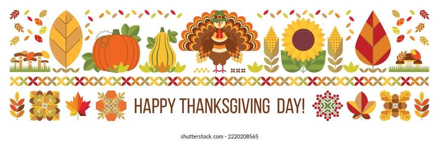 Creative thanksgiving background with sunflower, pumpkin, turkey, corn, leaves, berries. Modern stylised backdrop with autumn gifts, festive elements.