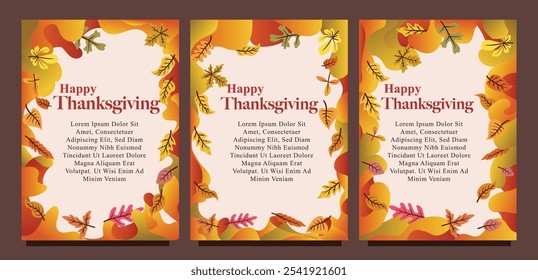 Creative Thanksgiving Card with Abstract Liquid Background and Leaves. print size set of thansgiving card template concept. liquid abstract background with autumn leaves vector illustration