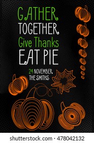 Creative thanksgiving dinner party printable template invitation with rustic black halftones and orange pumpkins.
