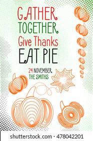 Creative thanksgiving dinner party printable template invitation with rustic black halftones and orange pumpkins.