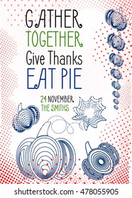Creative thanksgiving dinner party printable template invitation with rustic pink halftones and blue pumpkins.