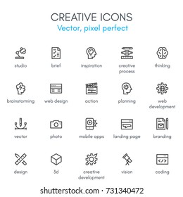 Creative theme, line icon set. Pixel perfect, fully editable stroke, black and white, vector icon set suitable for websites, info graphics, and print media.