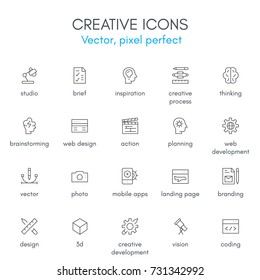 Creative theme, line icon set. Pixel perfect, fully editable stroke, black and white, vector icon set suitable for websites, info graphics, and print media.