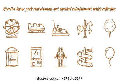 Creative theme park ride elements and carnival entertainment sketch collection