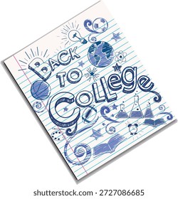 Una ilustración temática creativa de "Regreso a la universidad" con garabatos de tinta azul dibujados a mano sobre un fondo de papel de cuaderno forrado. El diseño incluye Elementos relacionados con la escuela, como libros, vasos, un globo terráqueo, bombilla, balón de fútbol y baloncesto, lo que lo hace ideal para carteles educativos, planificadores de estudiantes, presentaciones y promociones universitarias.