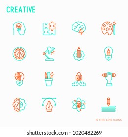 Creative thin line icons set: generation of idea, start up, brief, brainstorming, puzzle, color palette, creative vision, genius, solving problem. Modern vector illustration.