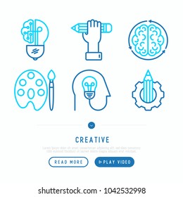 Creative thin line icons set: generation of idea, start up, brief, brainstorming, color palette, creative vision, genius. Modern vector illustration, web page template.