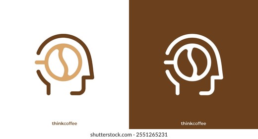 Creative Think Coffee Logo. Head and Coffee Cup Mug Icon Graphic. Smart Coffee Cafe Logo Design Template.