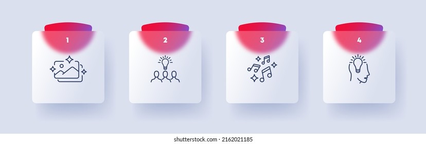 Icono creativo del juego de ideas. Imagen, lámpara, música, arte, idea, creatividad, motivación, habilidad, destreza, musa. Concepto de inspiración. Estilo de glasmorfismo. Icono de línea de vector para negocios y publicidad