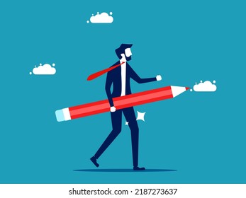 Creative Thinker Businessman Holding A Pencil. Business Concept Vector