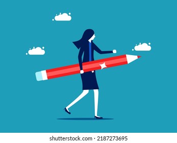 Creative Thinker Businesswoman Holding A Pencil. Business Concept Vector