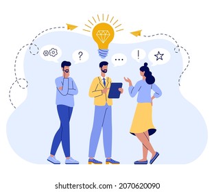 Creative Thinking Abstract Concept Flat Vector Illustration. Team Brainstorming, Idea Management, Project Management, New Idea Generation, Startup Collaboration, Find Solution, Product Development.