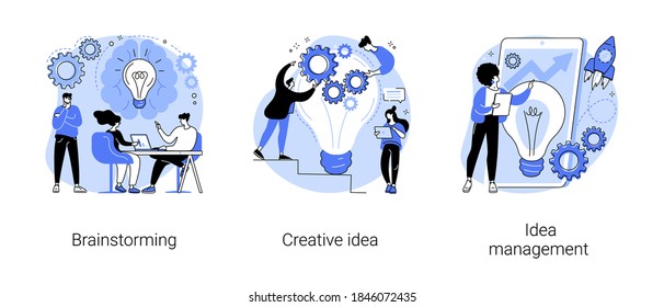 Creative thinking abstract concept vector illustration set. Team brainstorming, idea management, project management, startup collaboration, find solution, product development stage abstract metaphor.