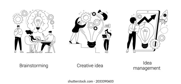 Creative thinking abstract concept vector illustration set. Team brainstorming, idea management, project management, startup collaboration, find solution, product development stage abstract metaphor.