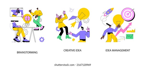 Creative Thinking Abstract Concept Vector Illustration Set. Team Brainstorming, Idea Management, Project Management, Startup Collaboration, Find Solution, Product Development Stage Abstract Metaphor.