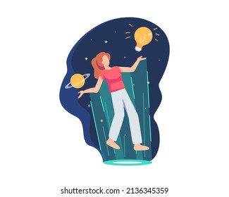 Creative thinking abstract metaphor. Woman floating imagining finding new ideas. Vector illustration in a flat style