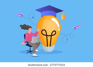 Creative thinking and academic success concept featuring a woman working on a laptop with a giant lightbulb and graduation cap, ideal for education development or online learning marketing campaigns.