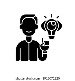 Creative thinking black glyph icon. Innovative solution. Lightbulb for imagination, motivation. Knowledge from skill, education. Silhouette symbol on white space. Vector isolated illustration