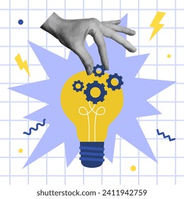 Creative thinking, brainstorm, creative mind concept. Hand holding gear, bulb lamp. Vector illustration